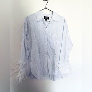 J. Crew Blue and White Striped Feathered Sleeve Button Down
